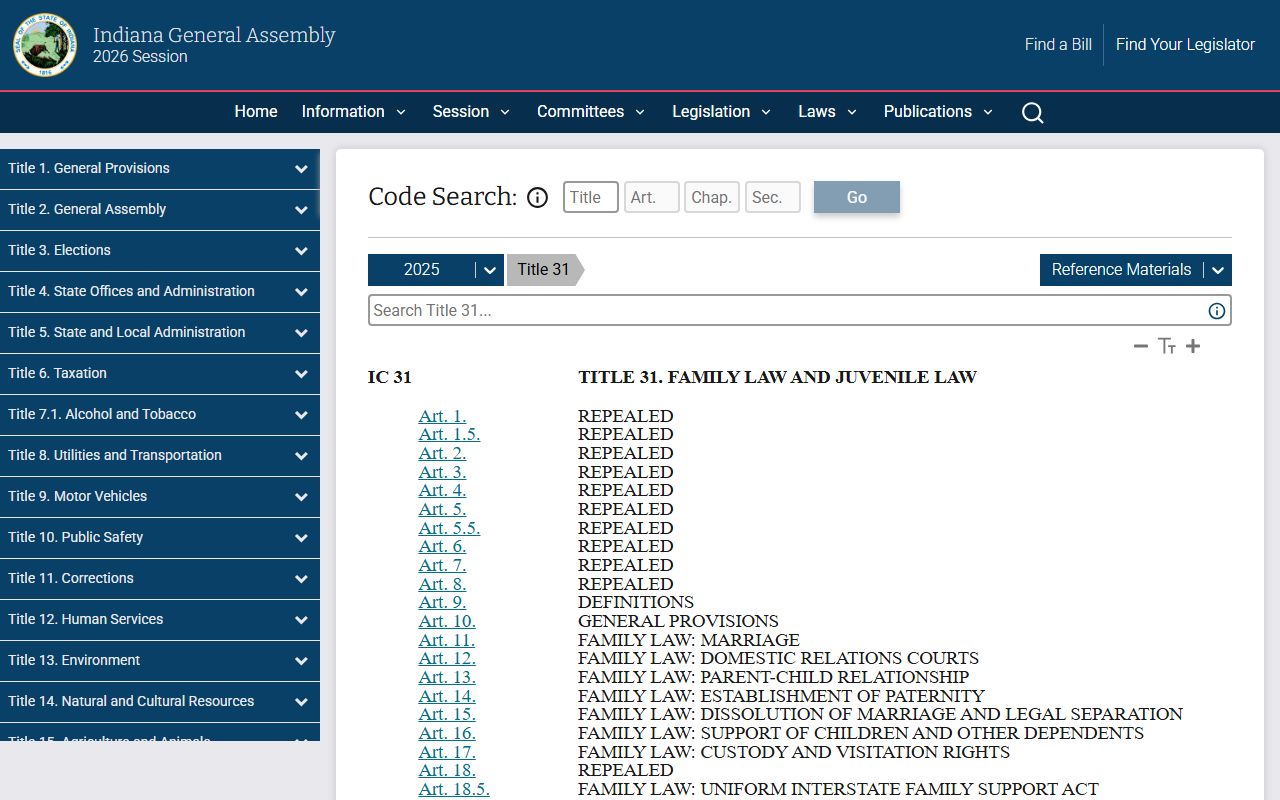 Indiana Code Title 31 page for family and juvenile law