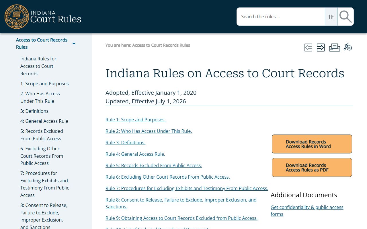Indiana Rules on Access to Court Records index for docket access limits