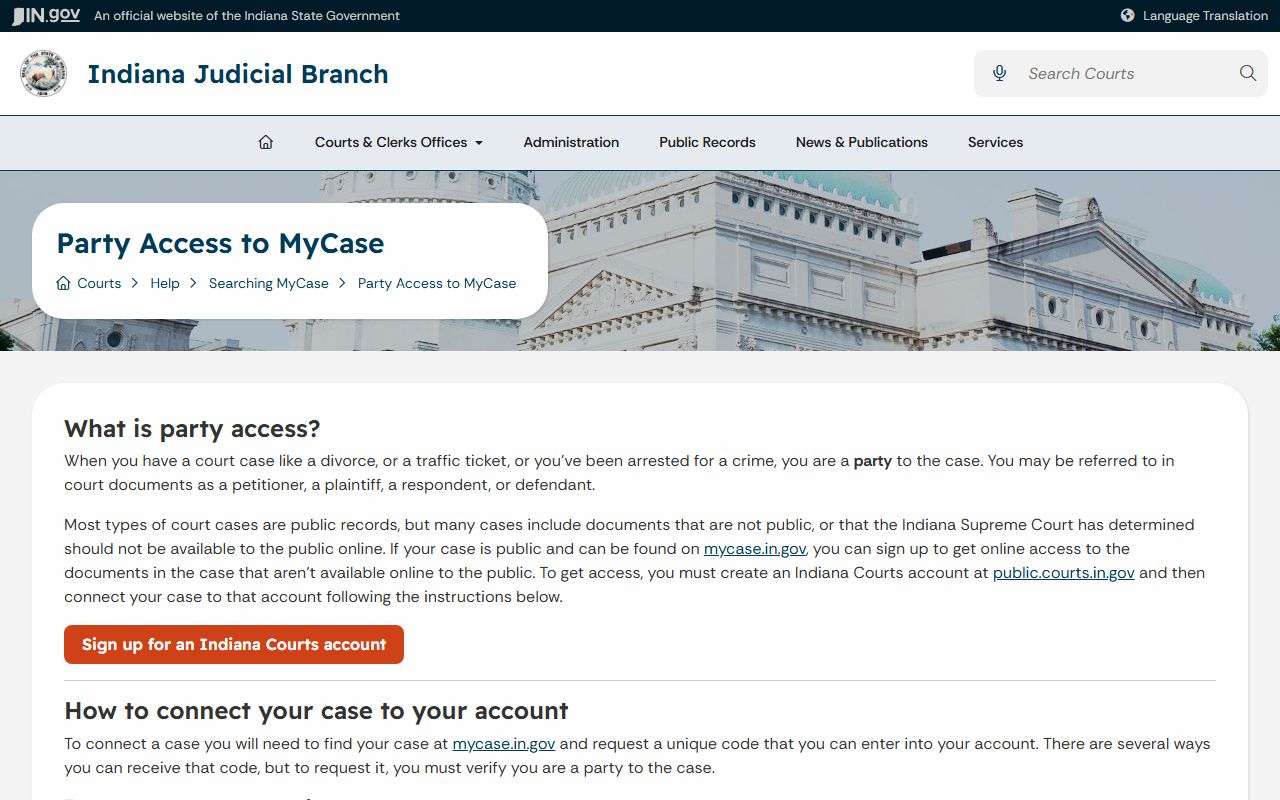Indiana MyCase party access instructions for case participants
