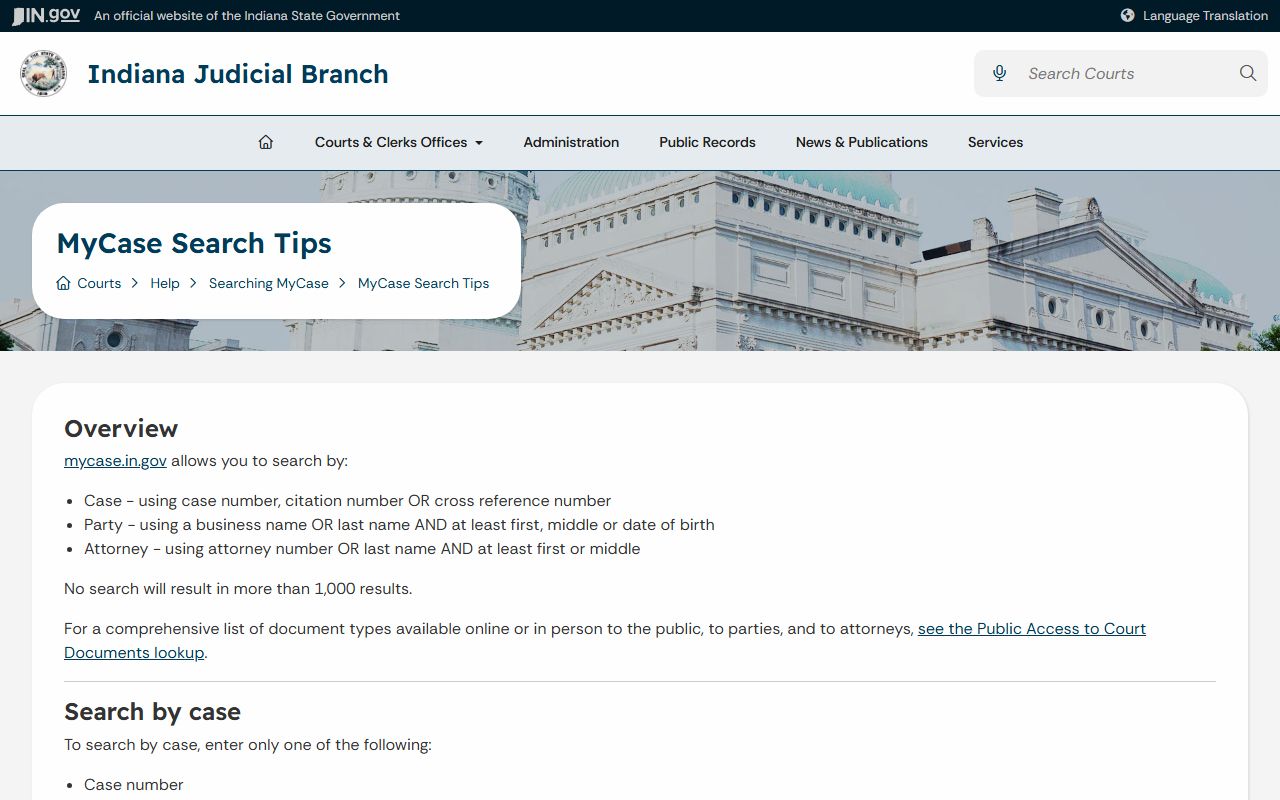 Indiana MyCase search tips for case party attorney and citation searches