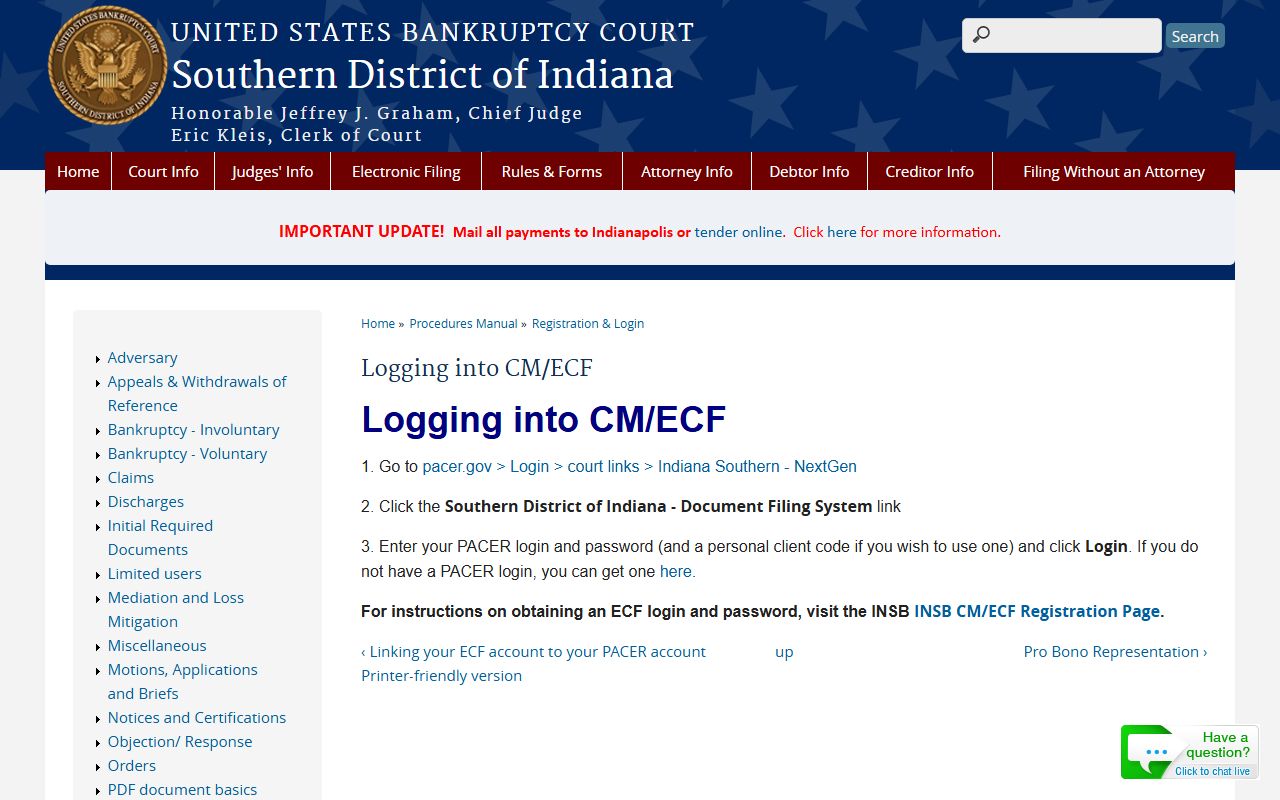 U.S. Bankruptcy Court Southern District of Indiana CM ECF login information