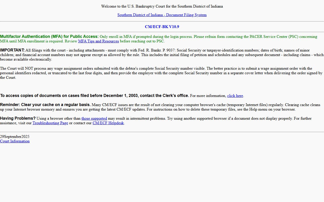 Southern District of Indiana Bankruptcy Court CM ECF page