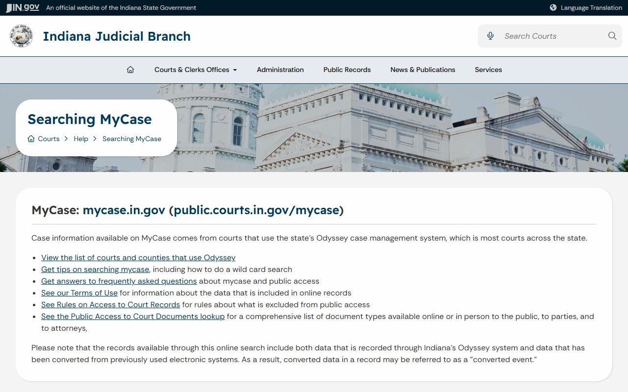 Indiana Judicial Branch MyCase help page explaining public and party case access