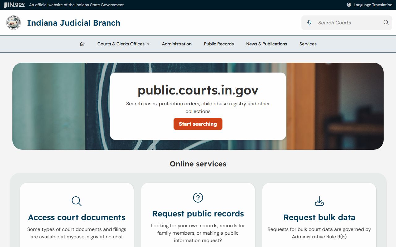 Indiana Judicial Branch public records page with court and agency record links
