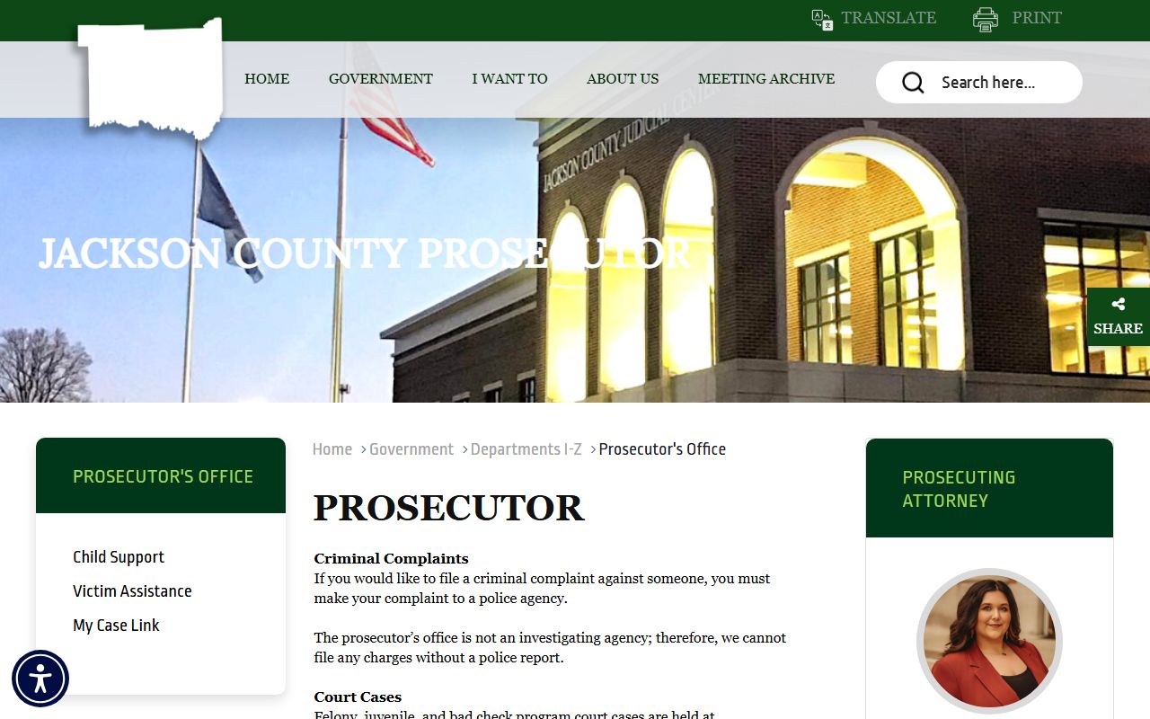 Jackson County Prosecutor's Office page for criminal and traffic court information