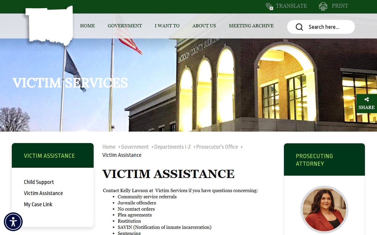 Jackson County Prosecutor victim assistance page with restitution no-contact and SAVIN topics