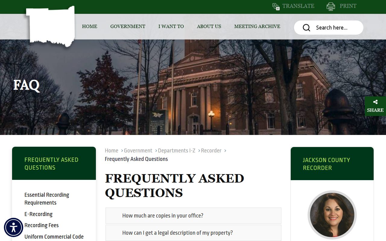 Jackson County Recorder FAQ distinguishing copies and recorded documents from court records
