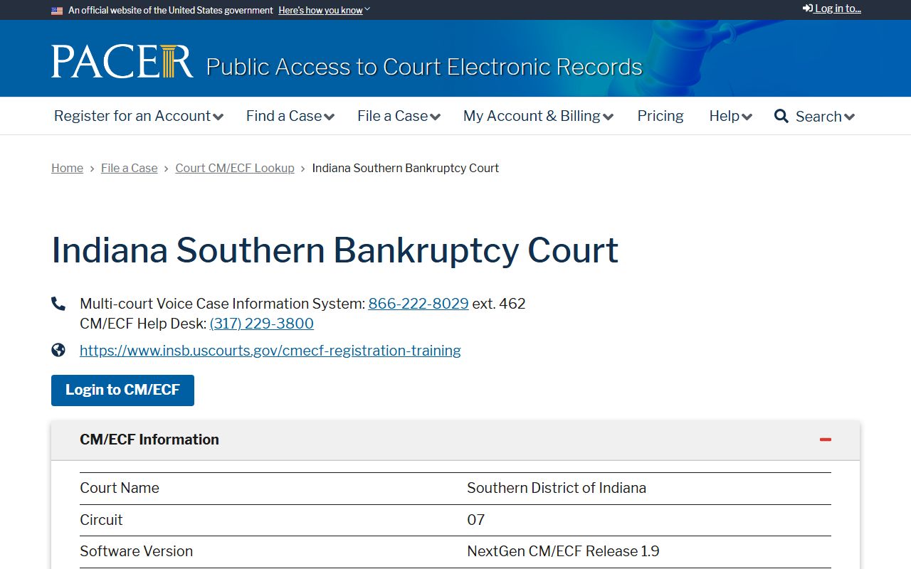 Jackson County Court records PACER Indiana Southern Bankruptcy Court page