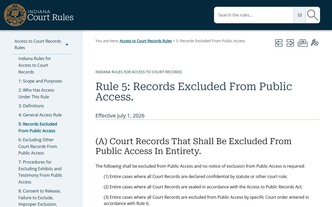 Jackson County Court records Indiana Rule 5 public access exclusions