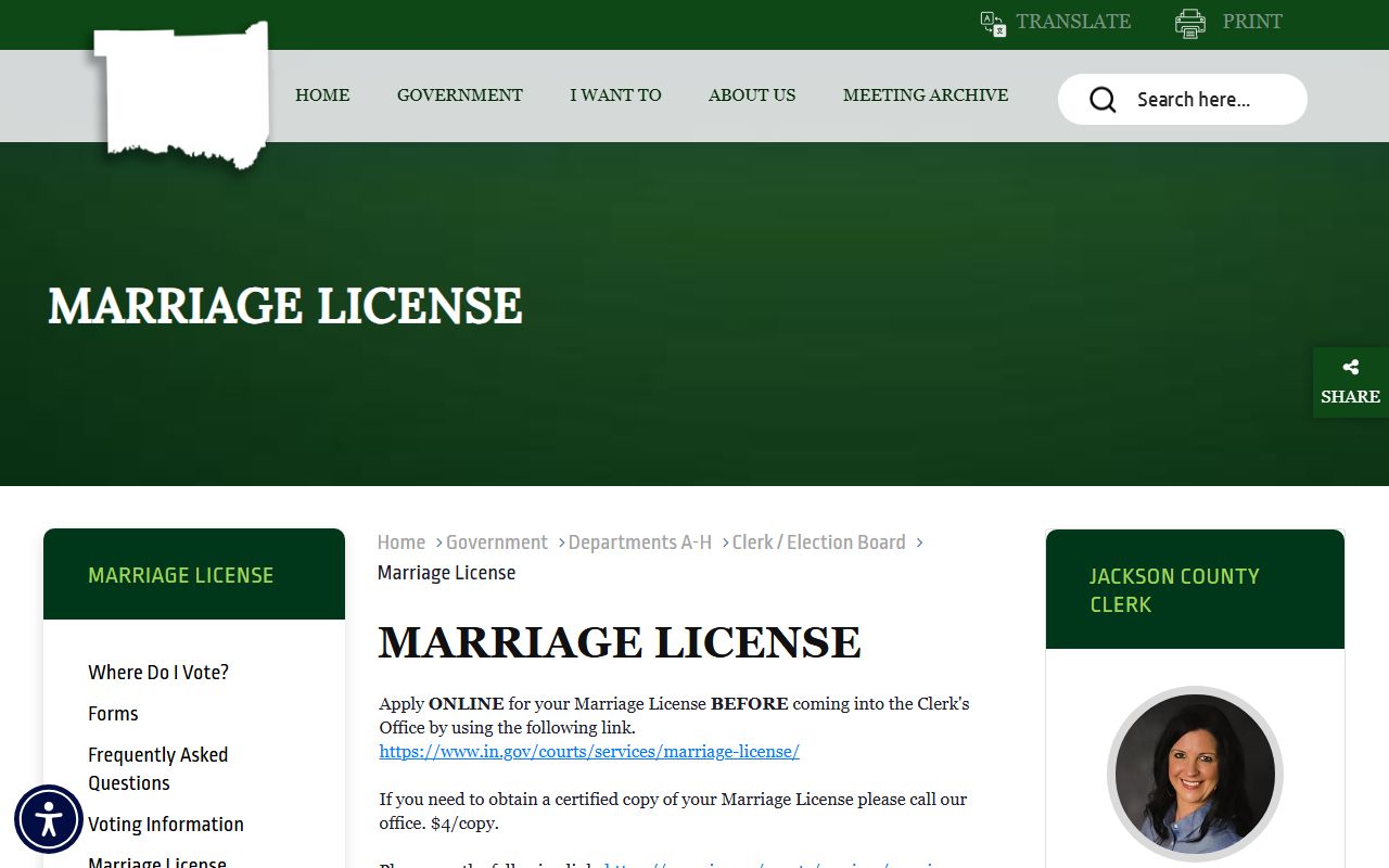 Jackson County marriage records license page